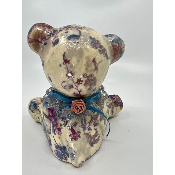 Vintage Decoupage Floral Ceramic Teddy Bear Figurine Flowers & Lace - Picture 2 of 8
